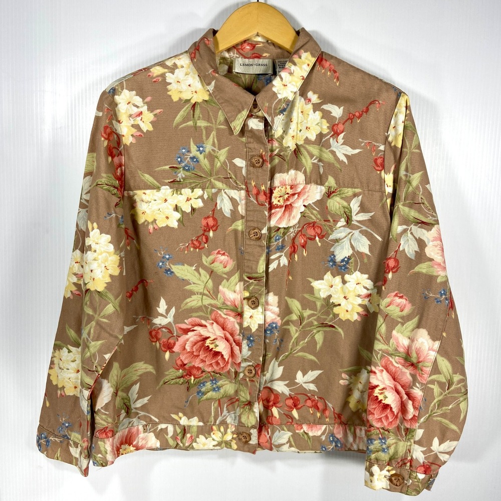 Lemon Grass Tan Floral Cotton Twill Button Front Jacket Womens‎ Large